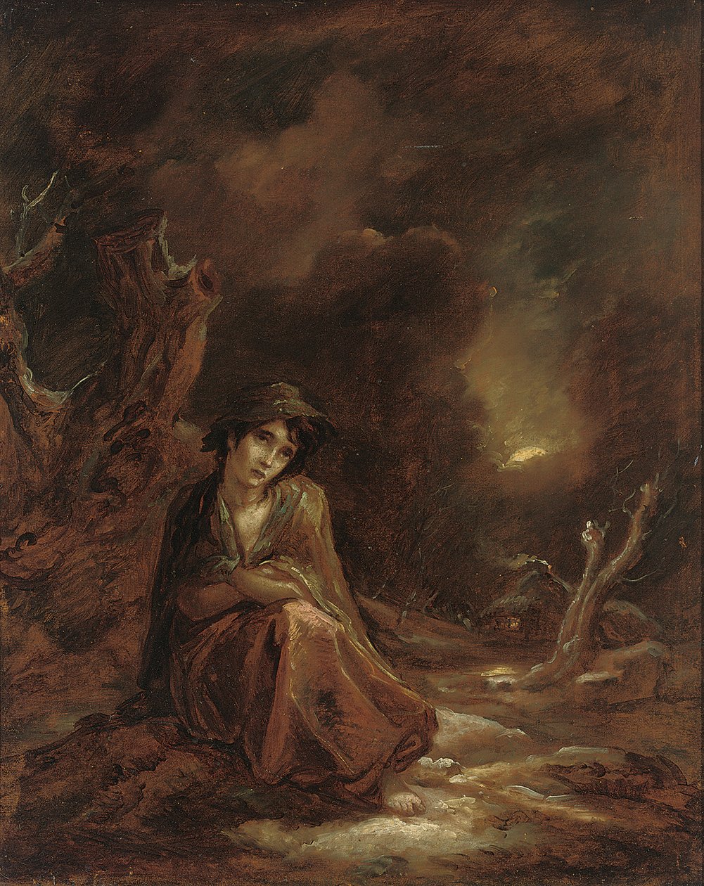 Scener fra William Cowpers "The Task": et måneskinnet vinterlandskab med Crazy Kate i hvile på et spor, 1785 af Thomas Barker of Bath