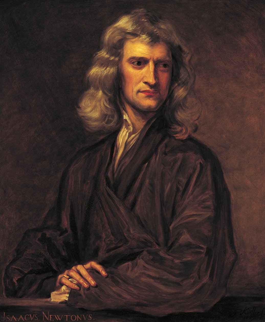 Portræt af Isaac Newton, efter originalen af Sir Godfrey Kneller fra 1689 af Thomas Barlow