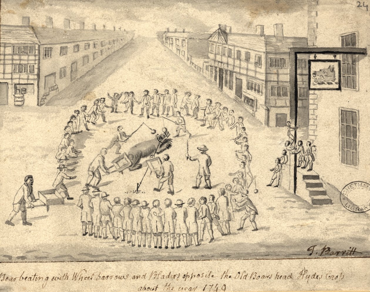 Bjørnefangst, Manchester, 1819 (pen og blæk og vask på papir) af Thomas Barritt