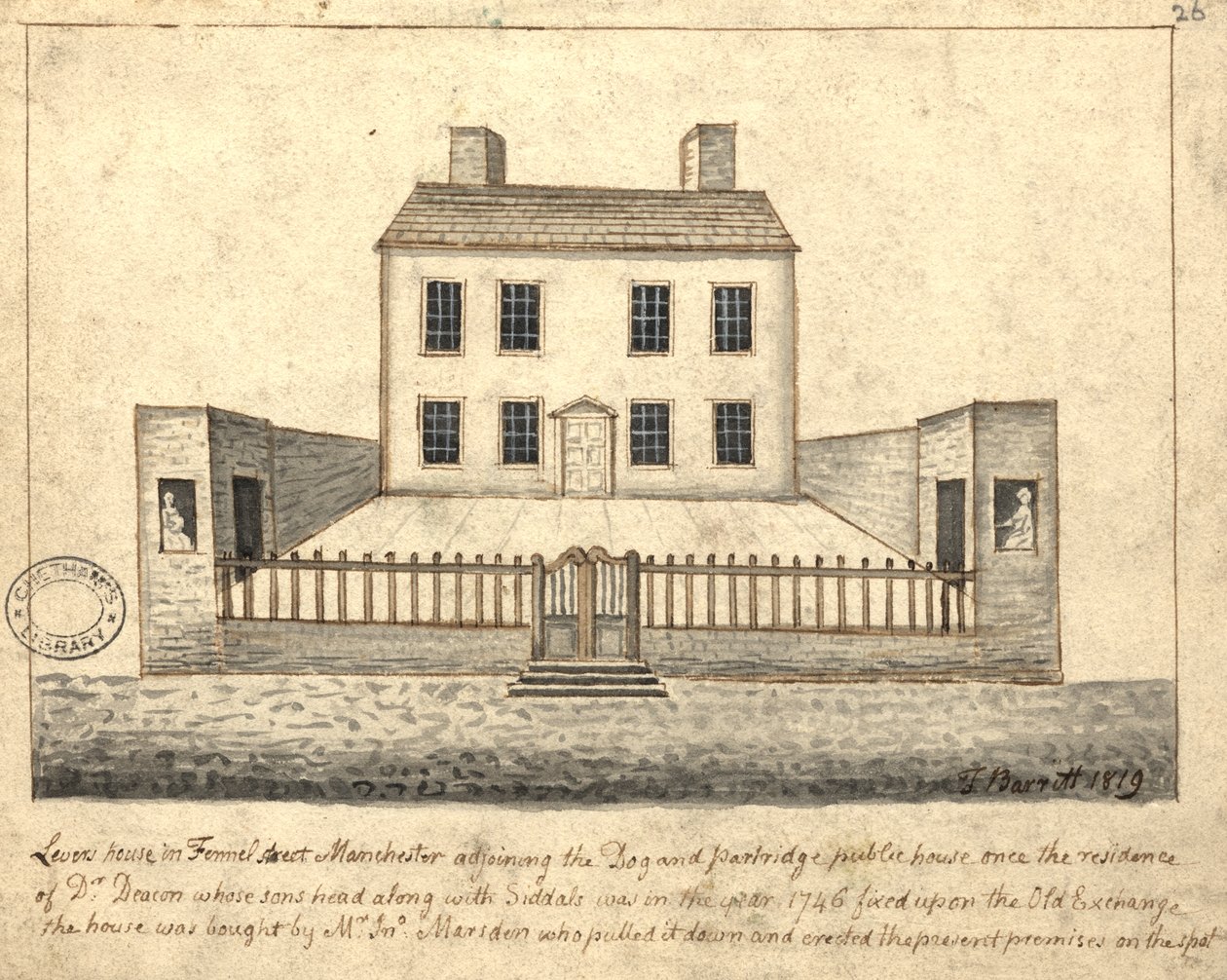 Levers House, Manchester, 1819 (pen og blæk og vask på papir) af Thomas Barritt
