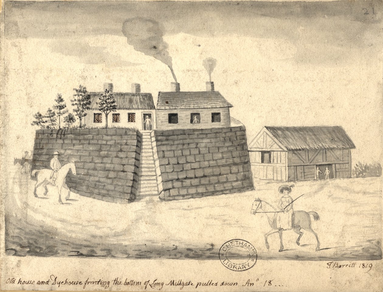 Old Dye House og Dye House, Manchester, 1819 (pen og blæk og vask på papir) af Thomas Barritt