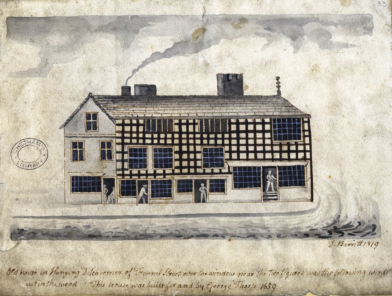 Old House on Hanging Ditch, Manchester, 1819 (pen og blæk og vask på papir) af Thomas Barritt