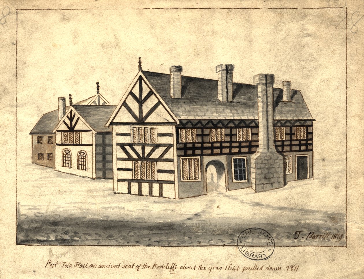 Pool Fold Hall, Manchester, 1819 (pen og blæk og vask på papir) af Thomas Barritt