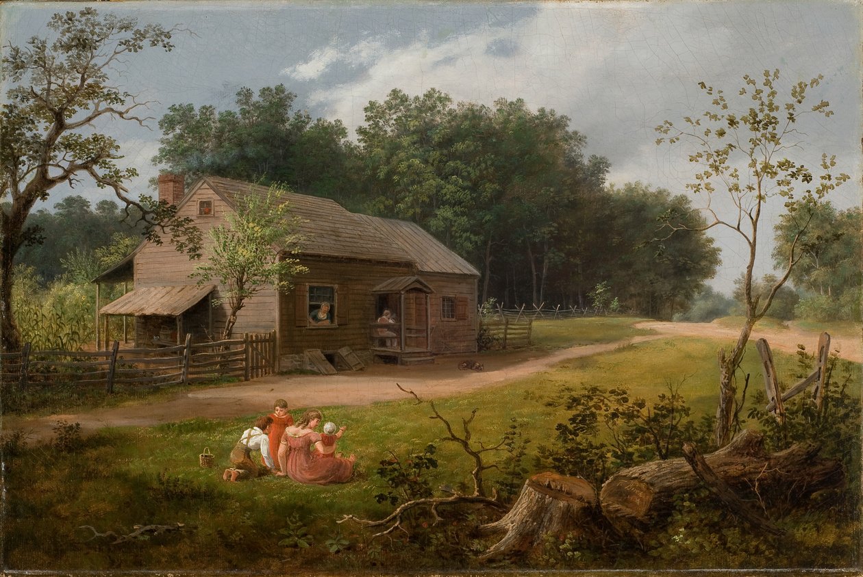 Hytte med legende børn 1834 (Olie på lærred) af Thomas Birch