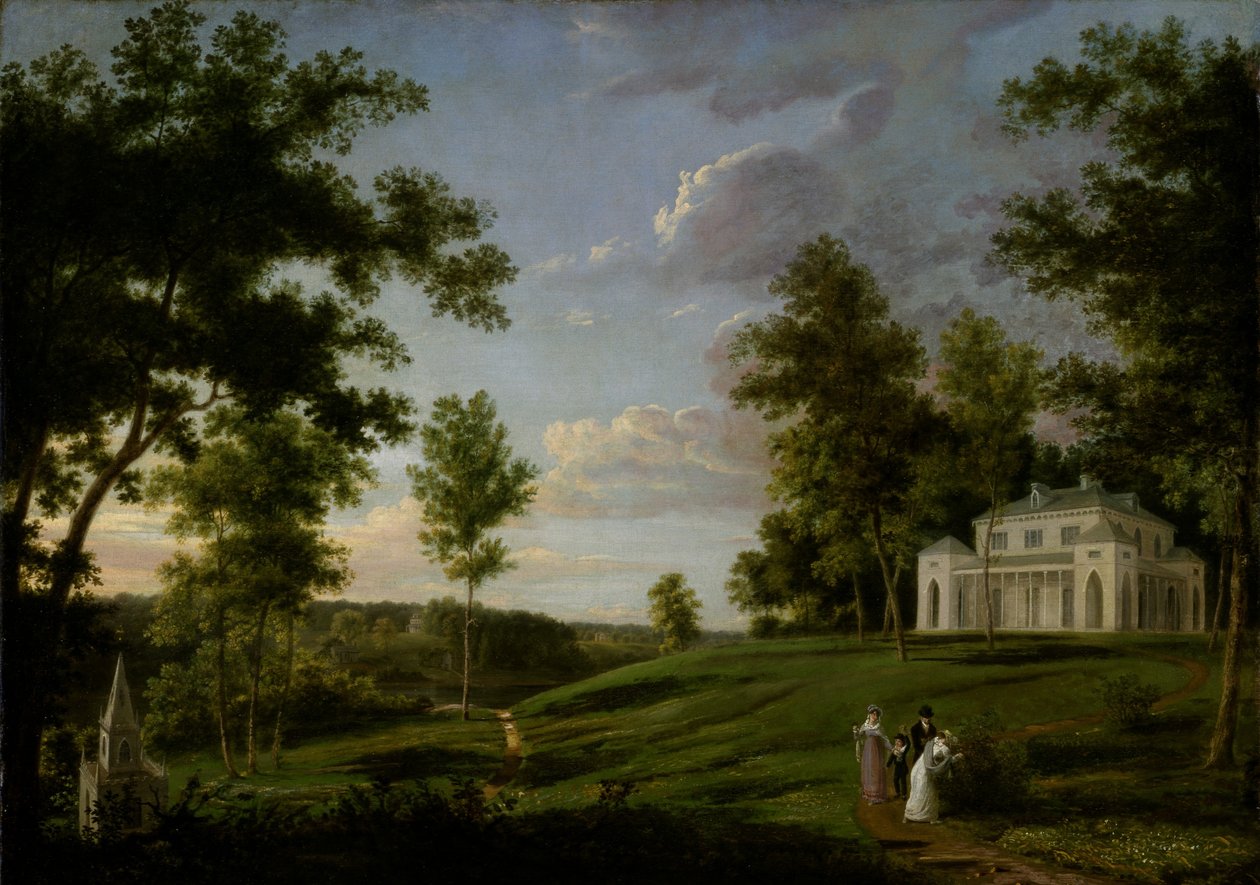 Sydøstlig udsigt over "Sedgeley Park", James Cowles Fishers landsted, Esq. af Thomas Birch