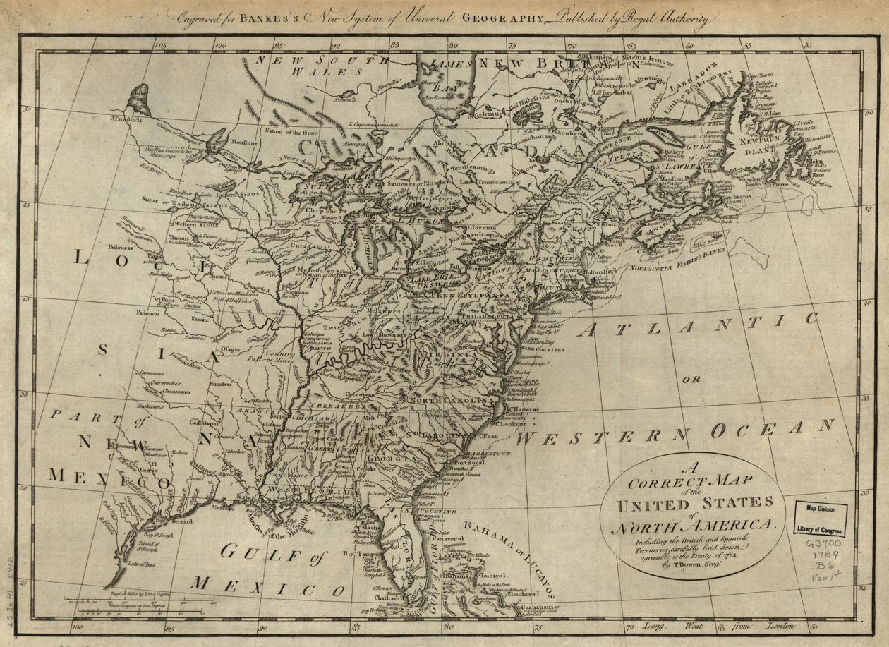 Et korrekt kort over Nordamerikas Forenede Stater; inklusive de britiske og spanske territorier, omhyggeligt fastlagt i overensstemmelse med traktaten af 1784. LOC 74692103 af Thomas Bowen