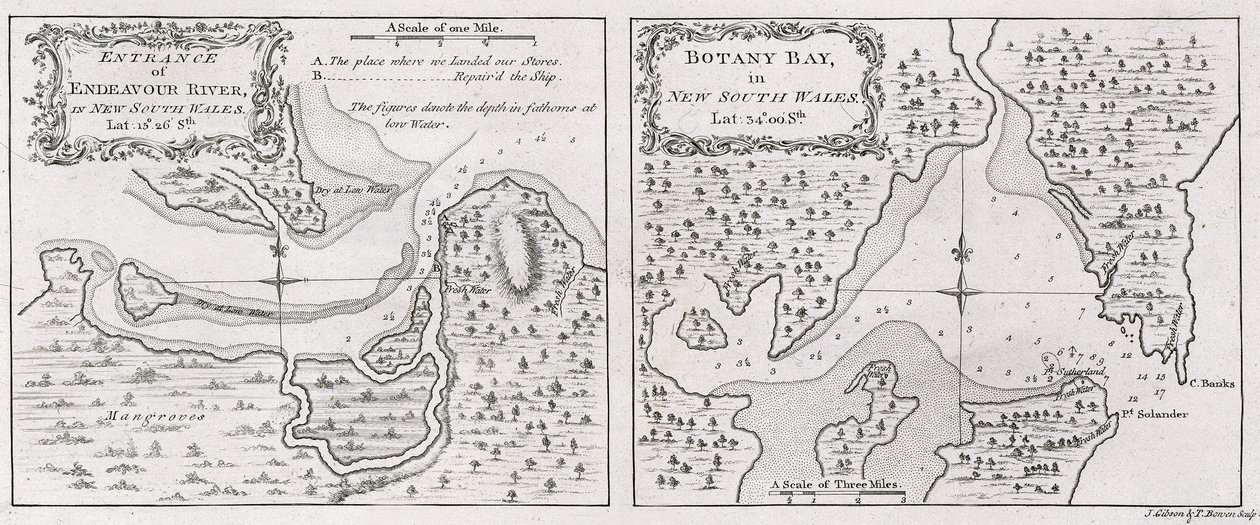 Kaptajn James Cooks søkort viser indgangen til Endeavour River og Botany Bay i New South Wales af Thomas Bowen