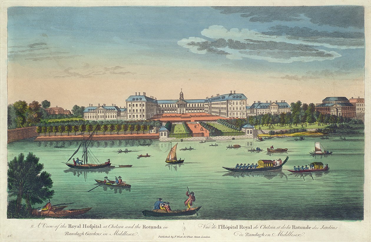 En udsigt over Royal Hospital i Chelsea og Rotunda i Ranelagh Gardens, pub. af Robert Sayer, 1751 af Thomas Bowles