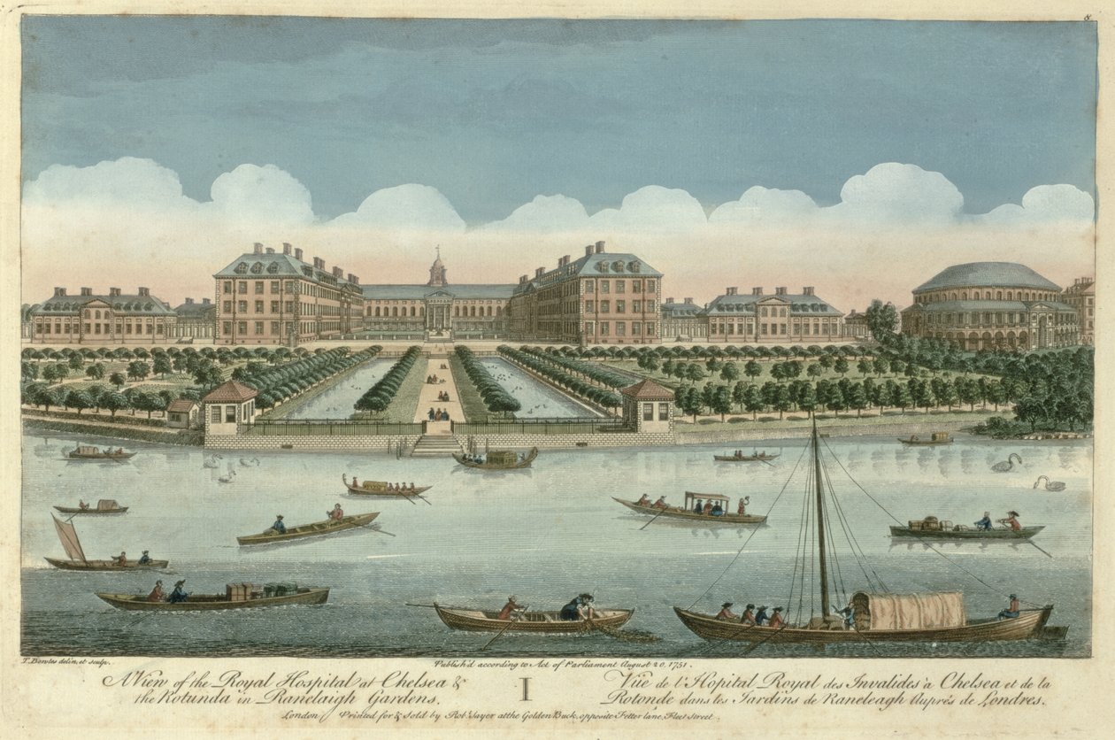 En udsigt over Royal Hospital i Chelsea og Rotunda i Ranelagh Gardens, pub. af Robert Sayer, 1751 af Thomas Bowles
