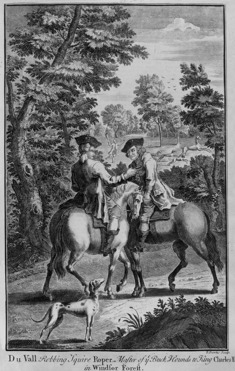 Claude Duval røver Squire Roper, mester af boghundene til kong Charles II, i Windsor Forest af Thomas Bowles