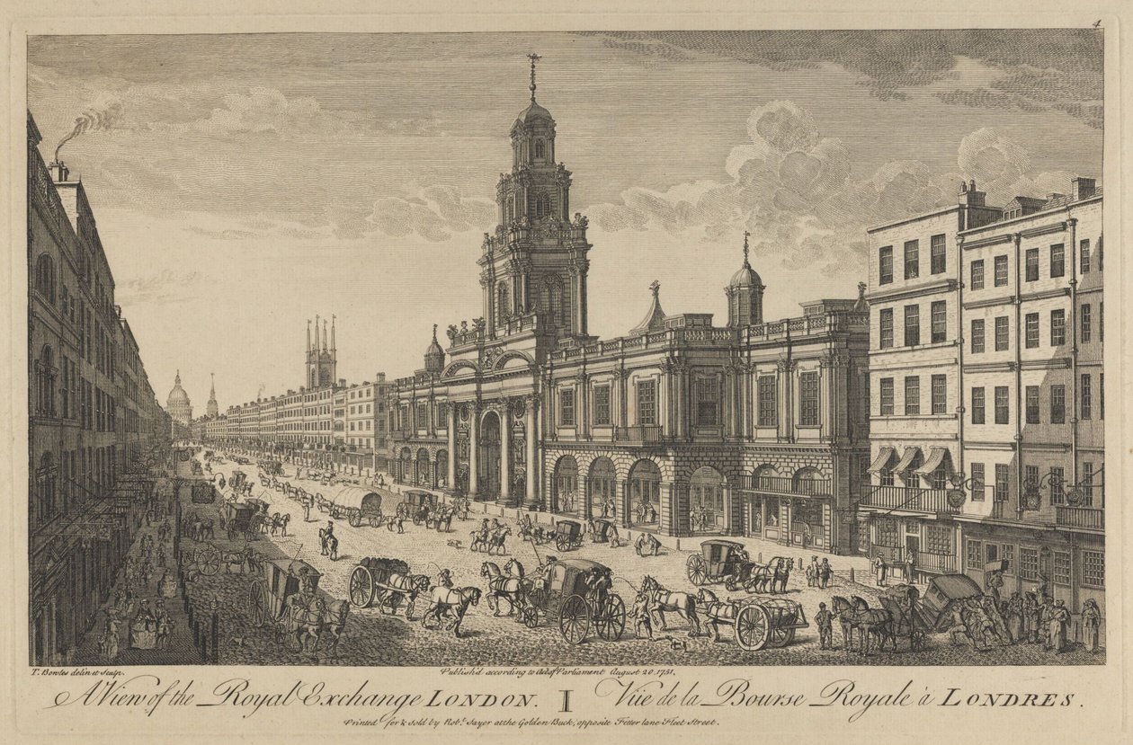 Udsigt over Royal Exchange London, 1751 af Thomas Bowles