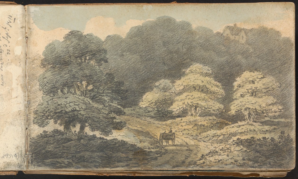 Album med landskabs- og figurstudier: Landskabsscene med hest og vogn nær Tunbridge Wells af Thomas Bradshaw