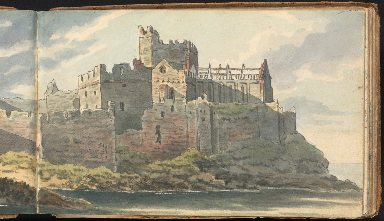 Album med landskabs- og figurstudier: Ruins of a Castle on a Rocky Coastline af Thomas Bradshaw