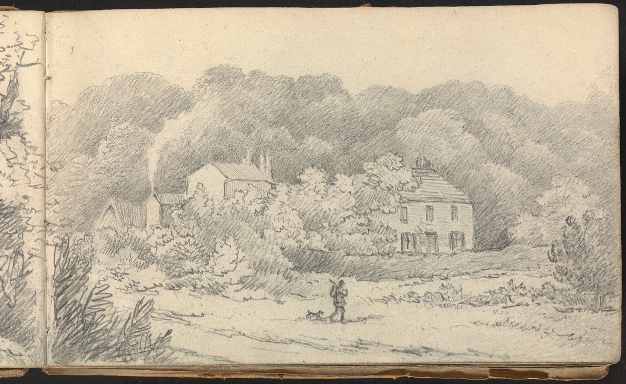 Album med landskabs- og figurstudier: Landlig scene med huse og en jæger og hans hund af Thomas Bradshaw