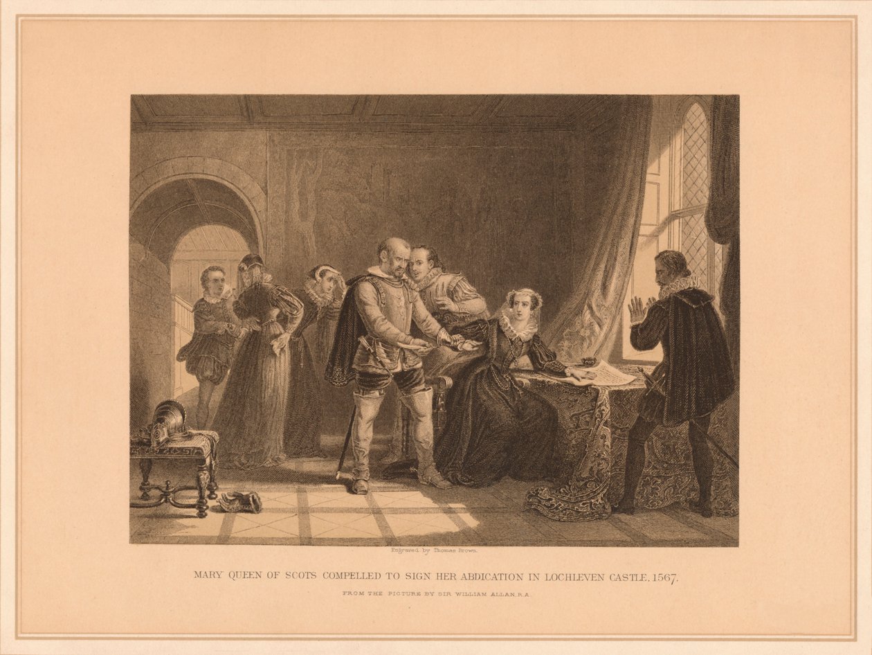 Mary Queen of Scots tvunget til at underskrive sin abdikation i Lochleven Castle, 1567, 1878 af Thomas Brown