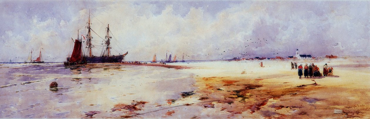 Fisherfolk at Katwyk Sands (kropsfarve og akvarel på papir (om bord)) af Thomas Bush Hardy