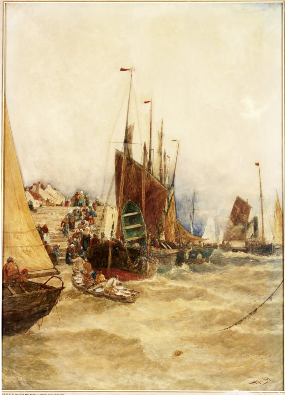 Den første båd ind fra Makrel Fishing, Boulogne, 1889 (akvarel på papir lagt på lærred) af Thomas Bush Hardy