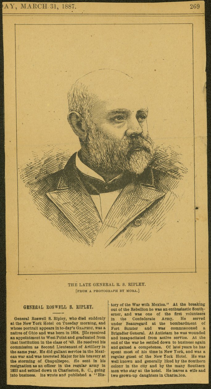 Nekrolog og gravering af General R.S. Ripley af Thomas Butler Gunn