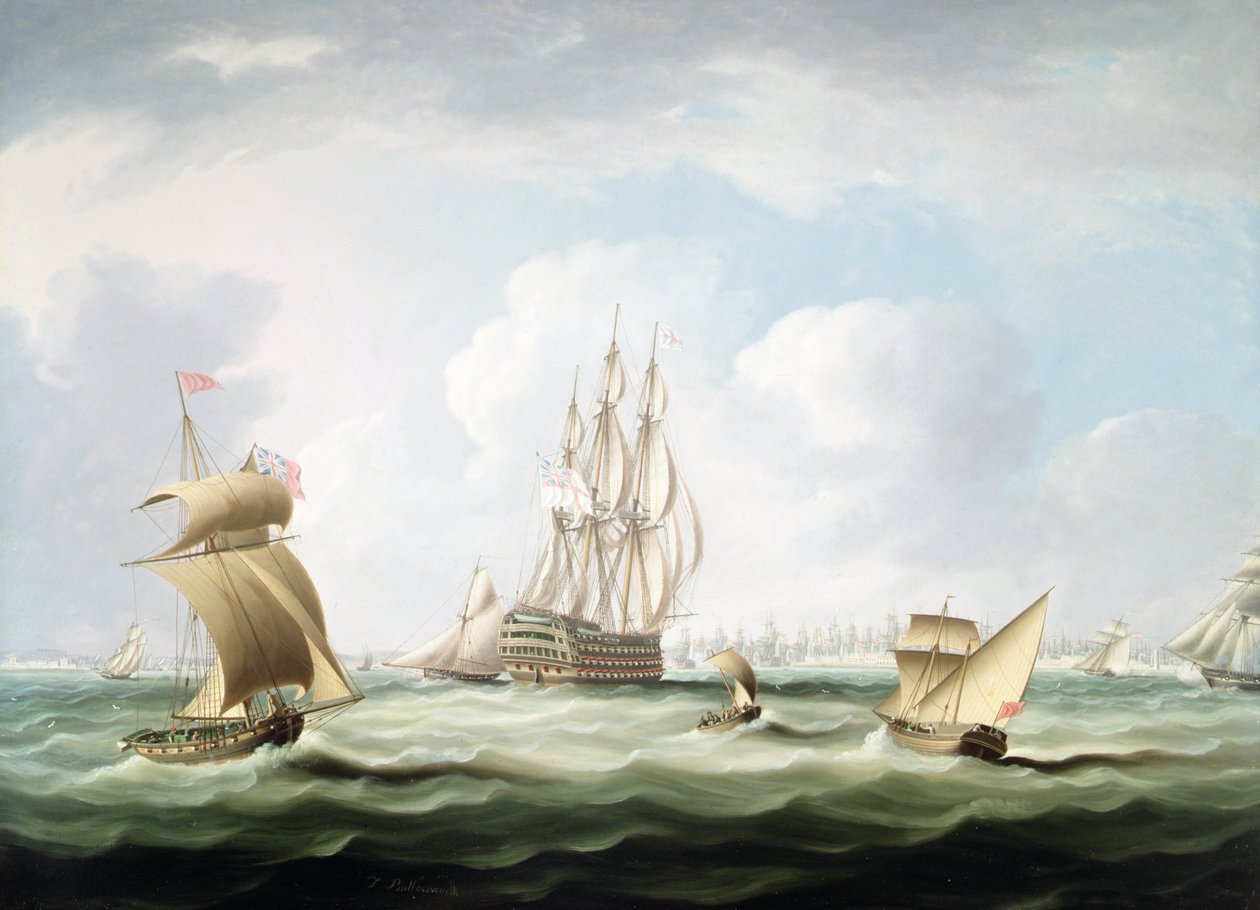 En førsteklasses med en viceadmiral fra White Board og andet håndværk i Cadiz Bay (olie på lærred) af Thomas Buttersworth