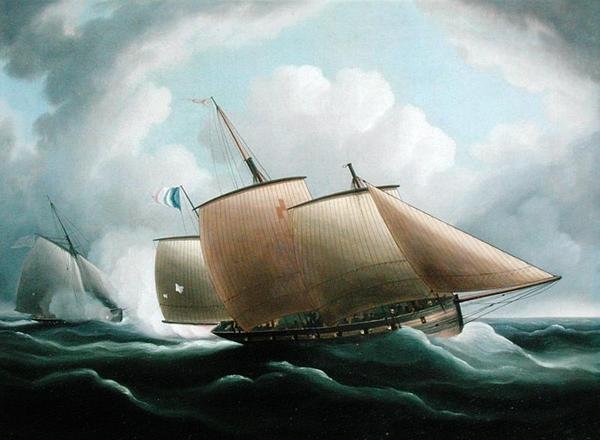 En fransk lugger forfulgt af en engelsk kutter (olie på lærred) af Thomas Buttersworth