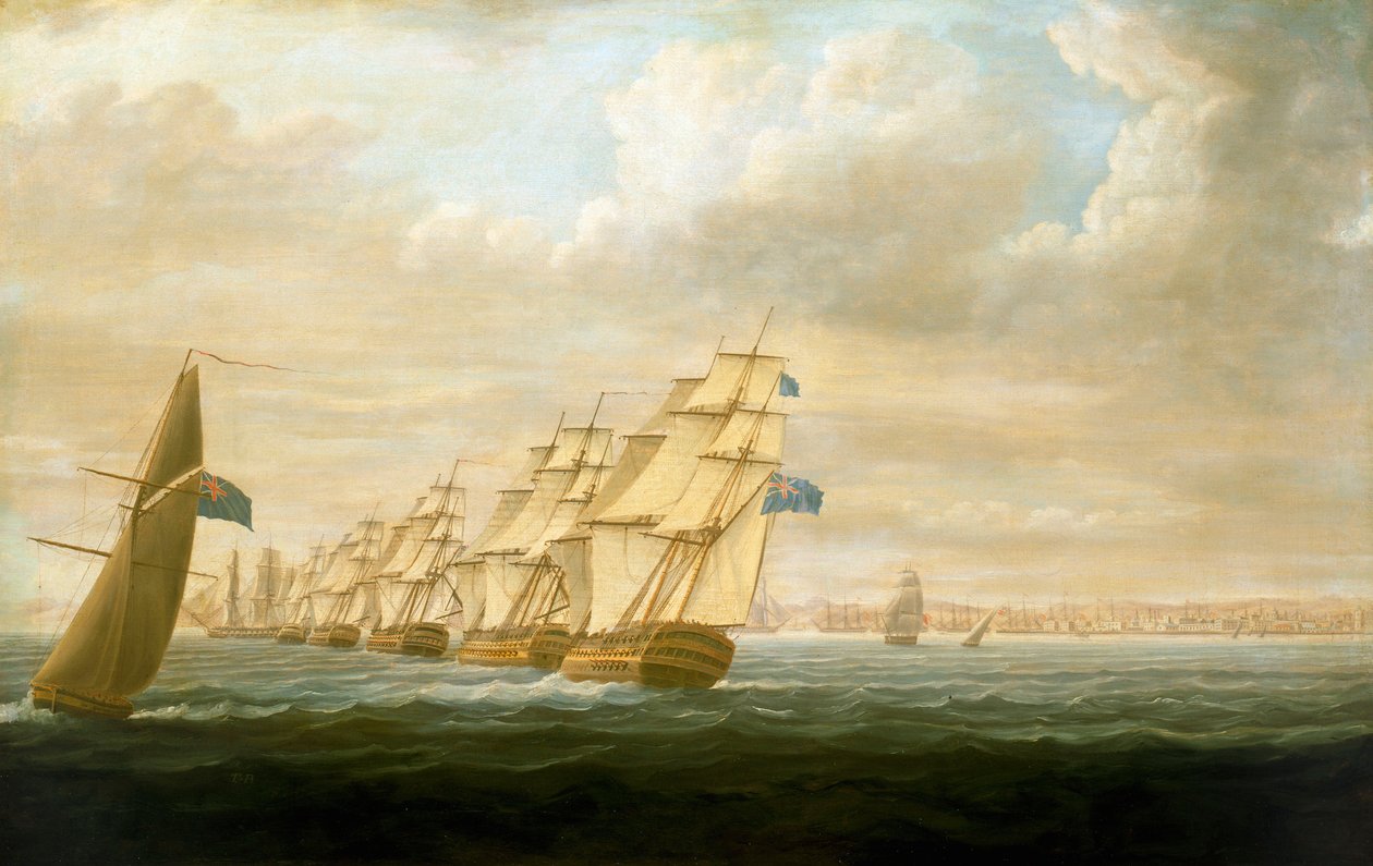 Nelsons kystnære blokadeeskadre ved Cadiz, juli 1797, ca. 1800 (olie på lærred) af Thomas Buttersworth