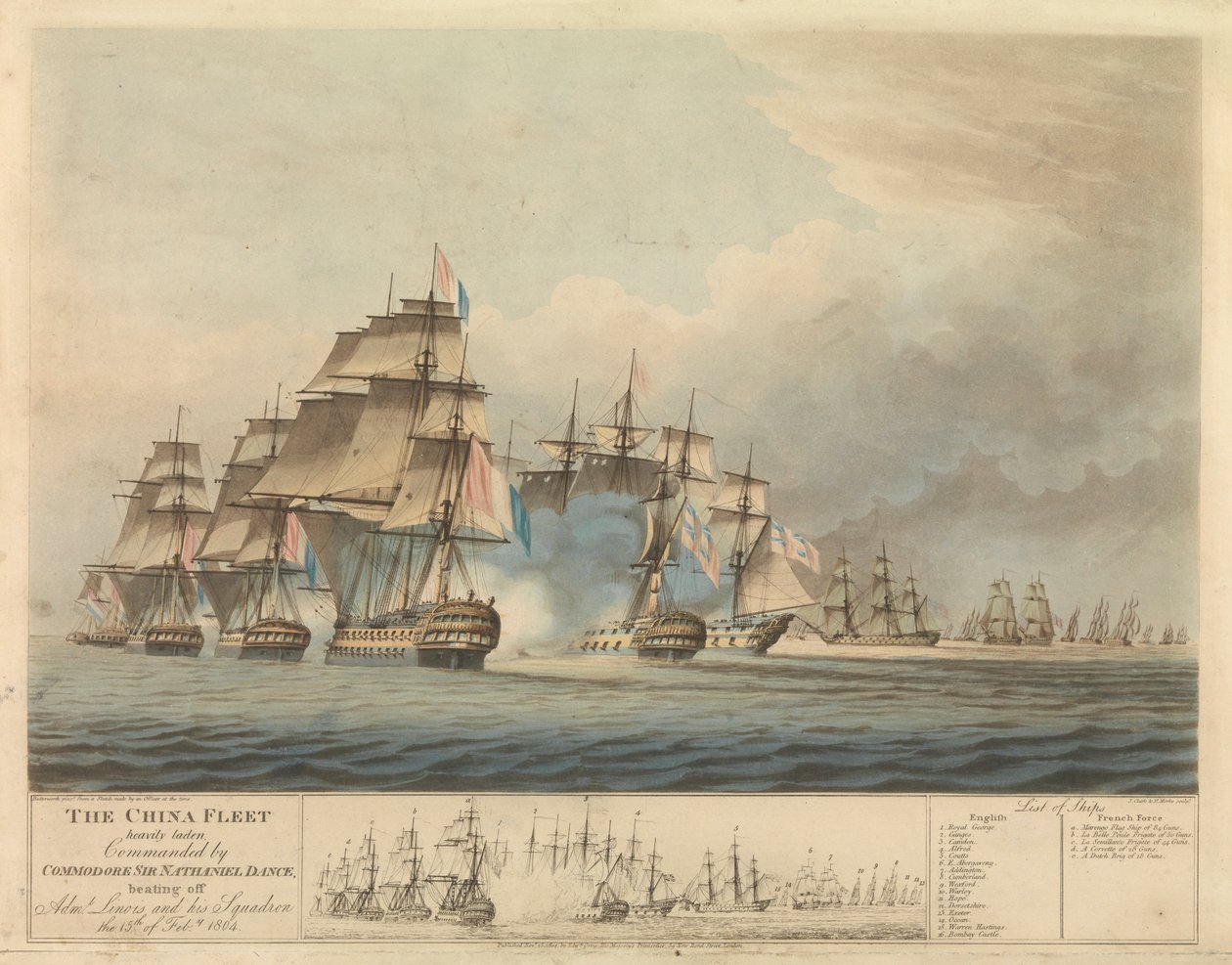 Den tungt lastede kinesiske flåde under kommandør Nathaniel Dance (1748-1827) tvang den franske admiral Charles de Durand L (1761-1848) og hans eskadre til at trække sig tilbage den 15. februar. af Thomas Buttersworth