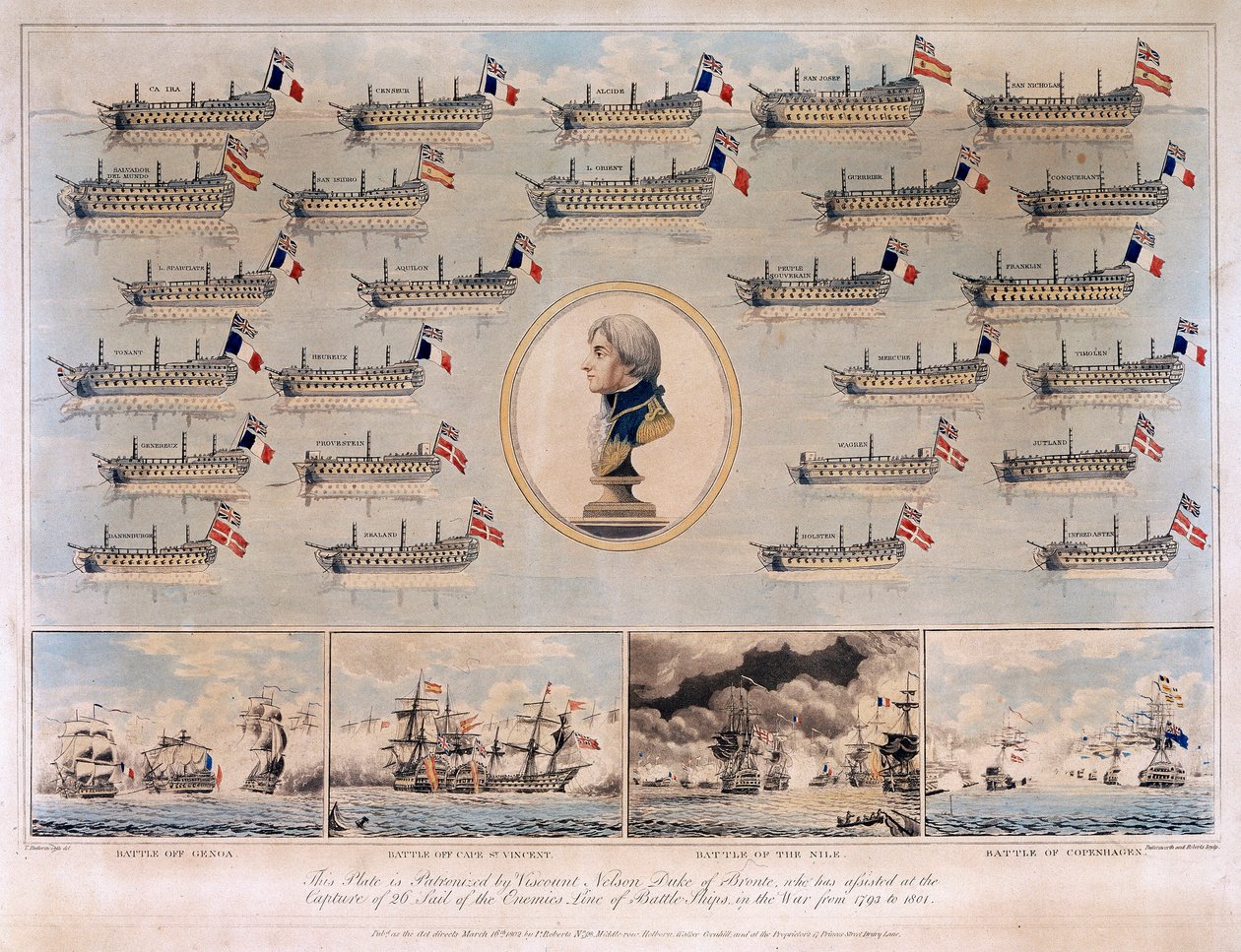 De krigsskibe, der blev erobret af Horatio Nelson (1758-1805) mellem 1793 og 1801 under søslagene ved Genova (eller Kap Noli, Italien). af Thomas Buttersworth