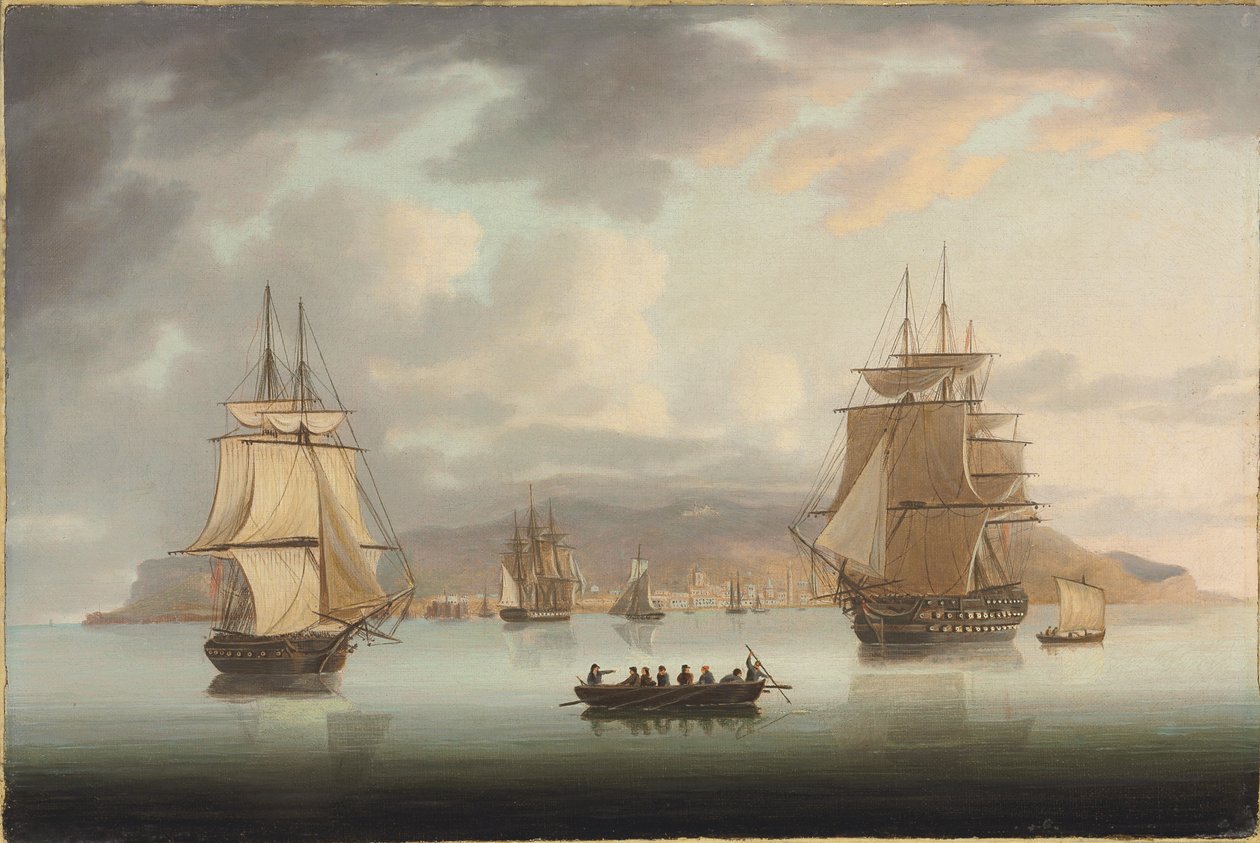 Funchal Roadstead, H.M.S. Blenheim med Greyhound og Harrier Outward Bound, 1805 af Thomas Butterworth