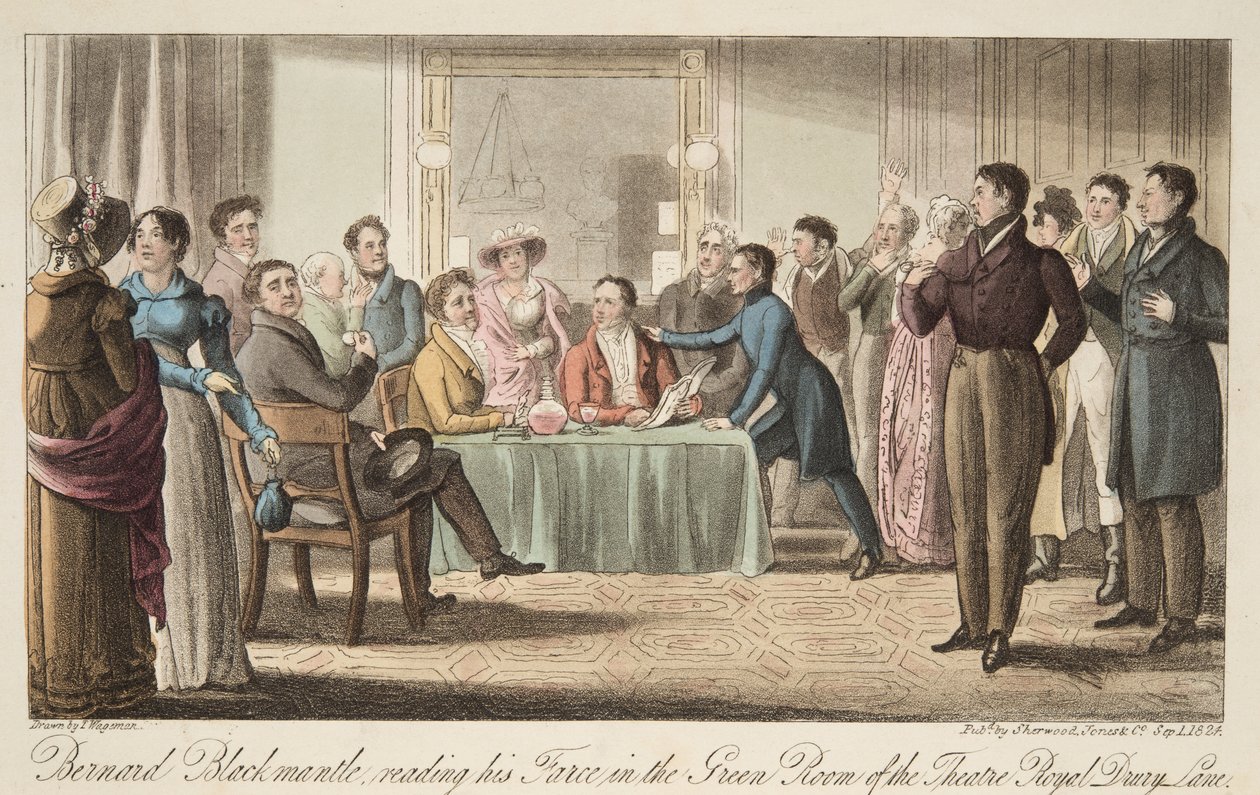 Bernard Blackmantle læser sin farce i Green Room i Covent Garden Theatre, fra The English Spy, pub. 1824 (håndfarvet gravering) af Thomas Charles Wageman