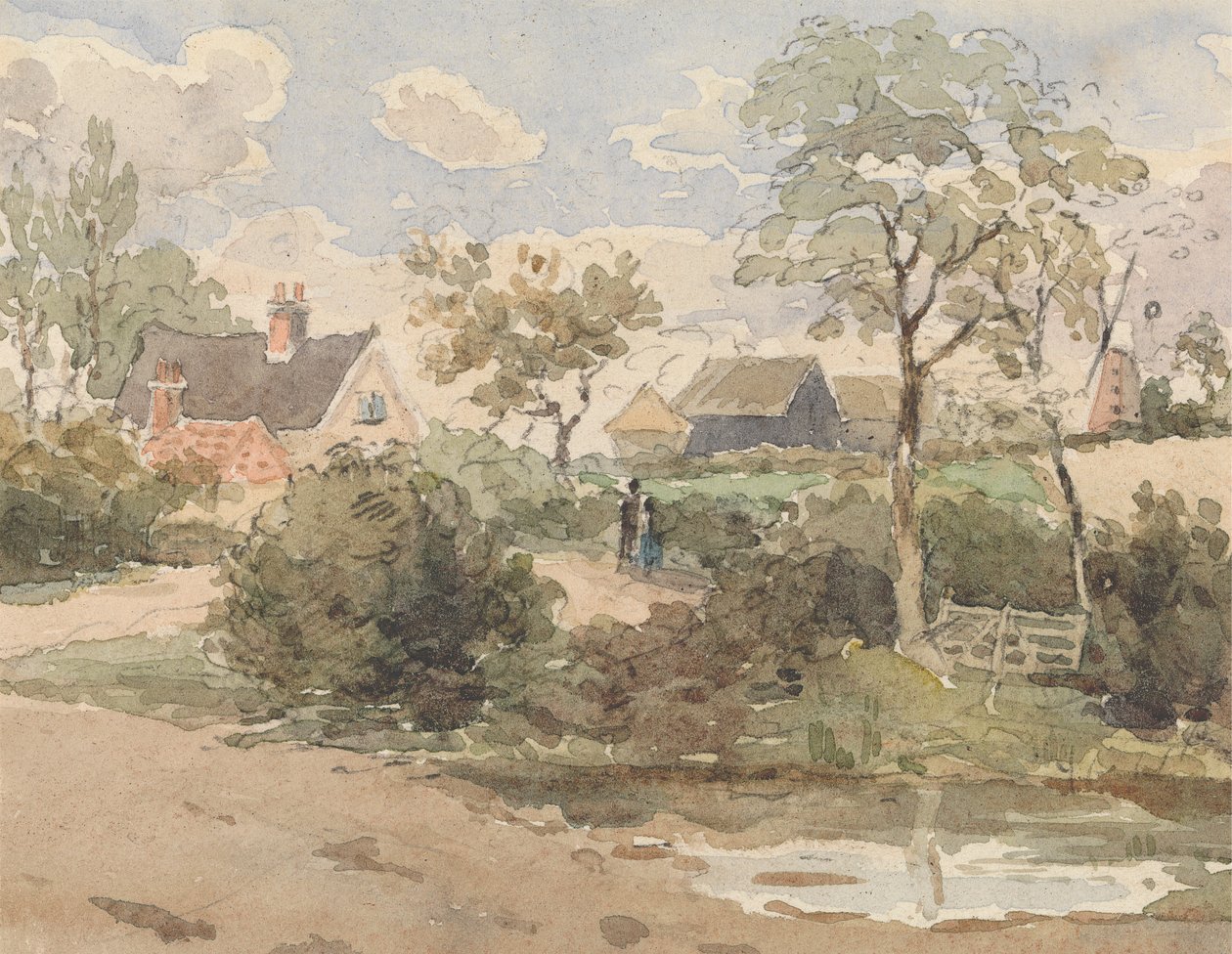 Landskab med sommerhus, vindmølle, lader og figurer med dam i forgrunden af Thomas Churchyard