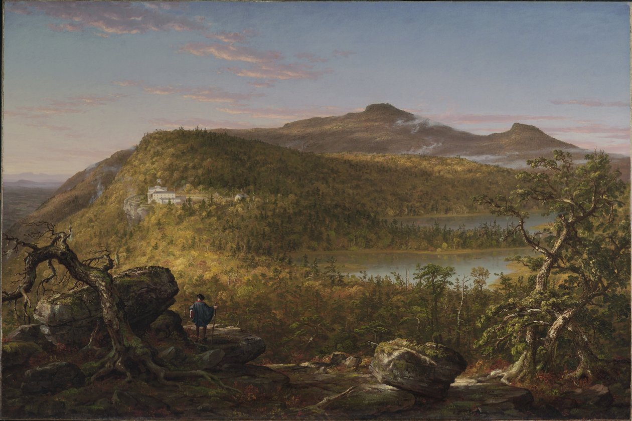 Udsigt over de to søer og Mountain House, Catskill Mountains, morgen af Thomas Cole