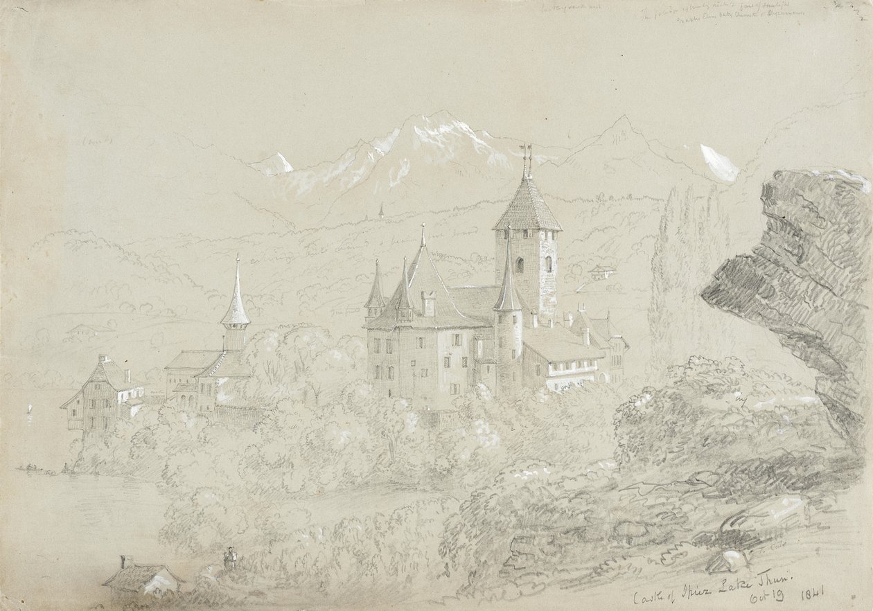 Castle of Spiez, 1841 (blyant og gouache på grågrønt papir) af Thomas Cole