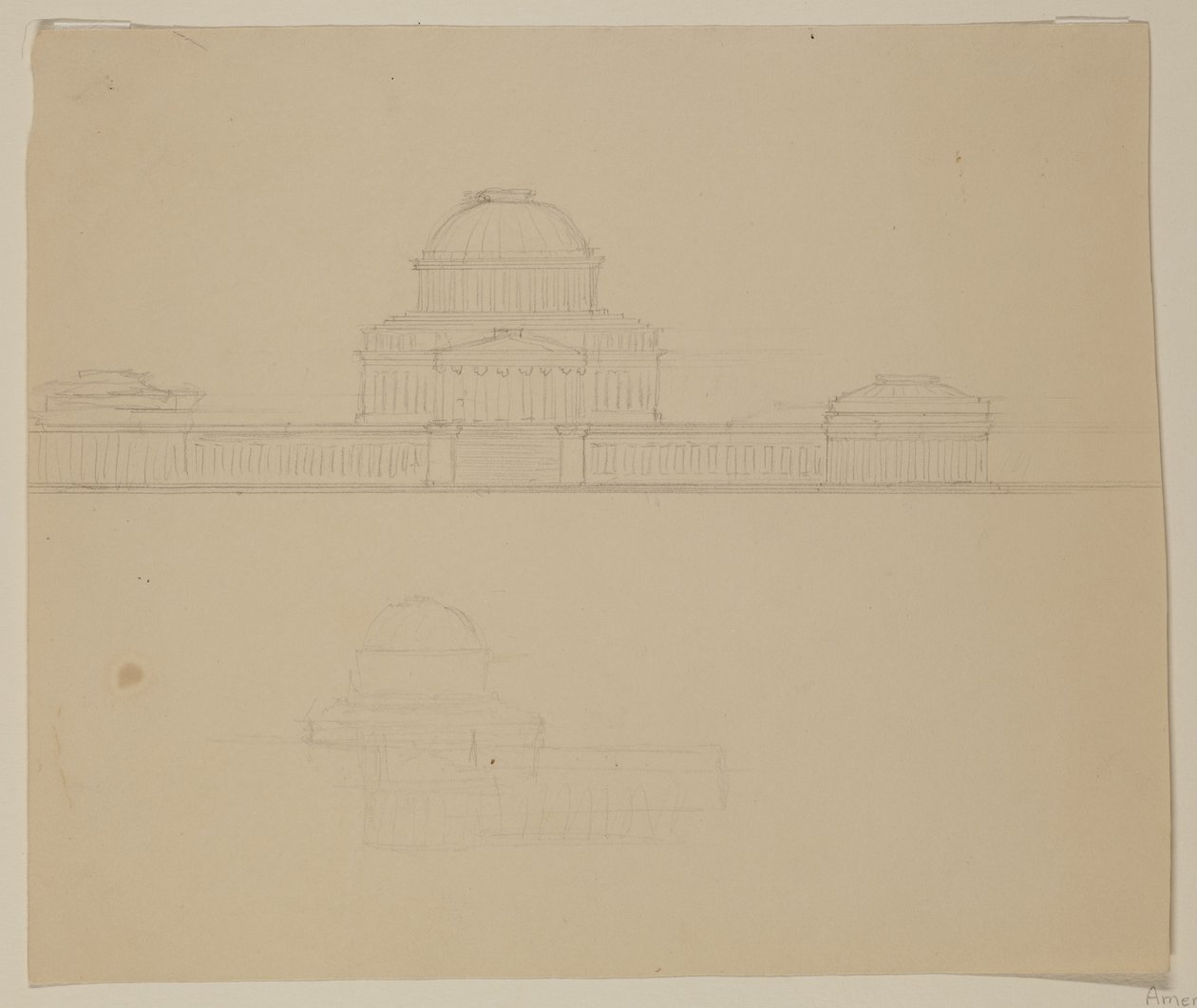 Forhøjning af Ohio State House, ca. 1838 (grafitblyant på beige vævet papir) af Thomas Cole