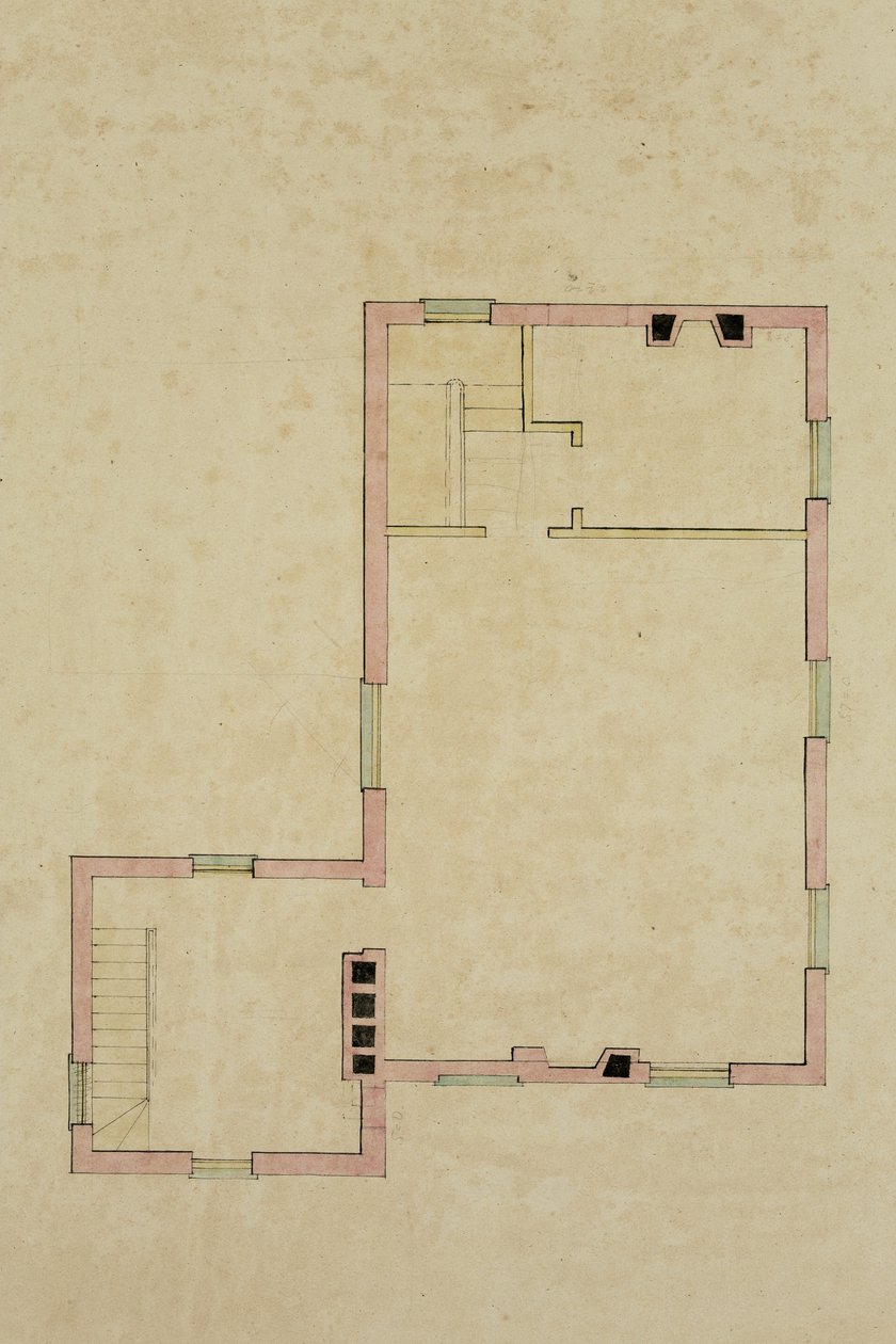 Plantegning af anden sal i den foreslåede villa på Catskill af Thomas Cole