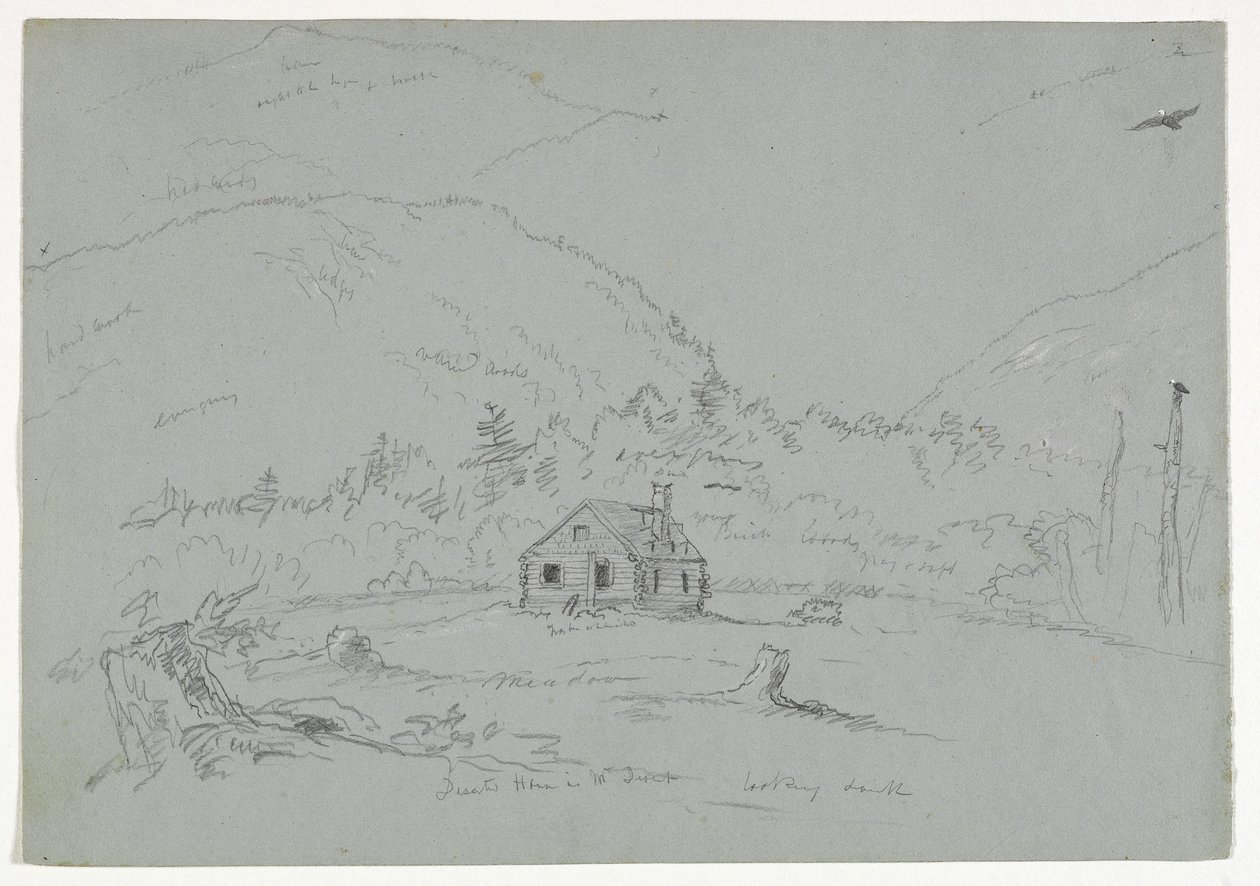 Hus i Mount Desert, ca. 1844 (grafit forhøjet med hvid farveblyant på papir) af Thomas Cole