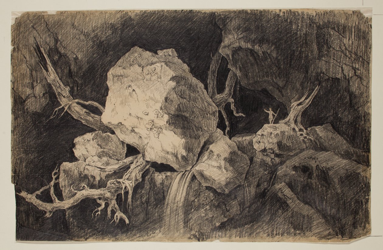 Jæger stående i hule nær Rock and Waterfall, ca. 1828 (grafitblyant) af Thomas Cole