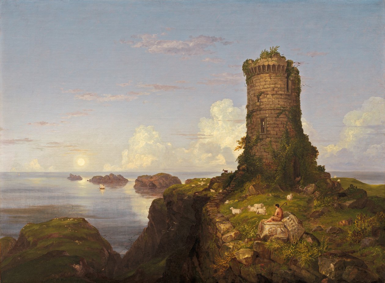 Italiensk kystscene med ruineret tårn, 1838. af Thomas Cole