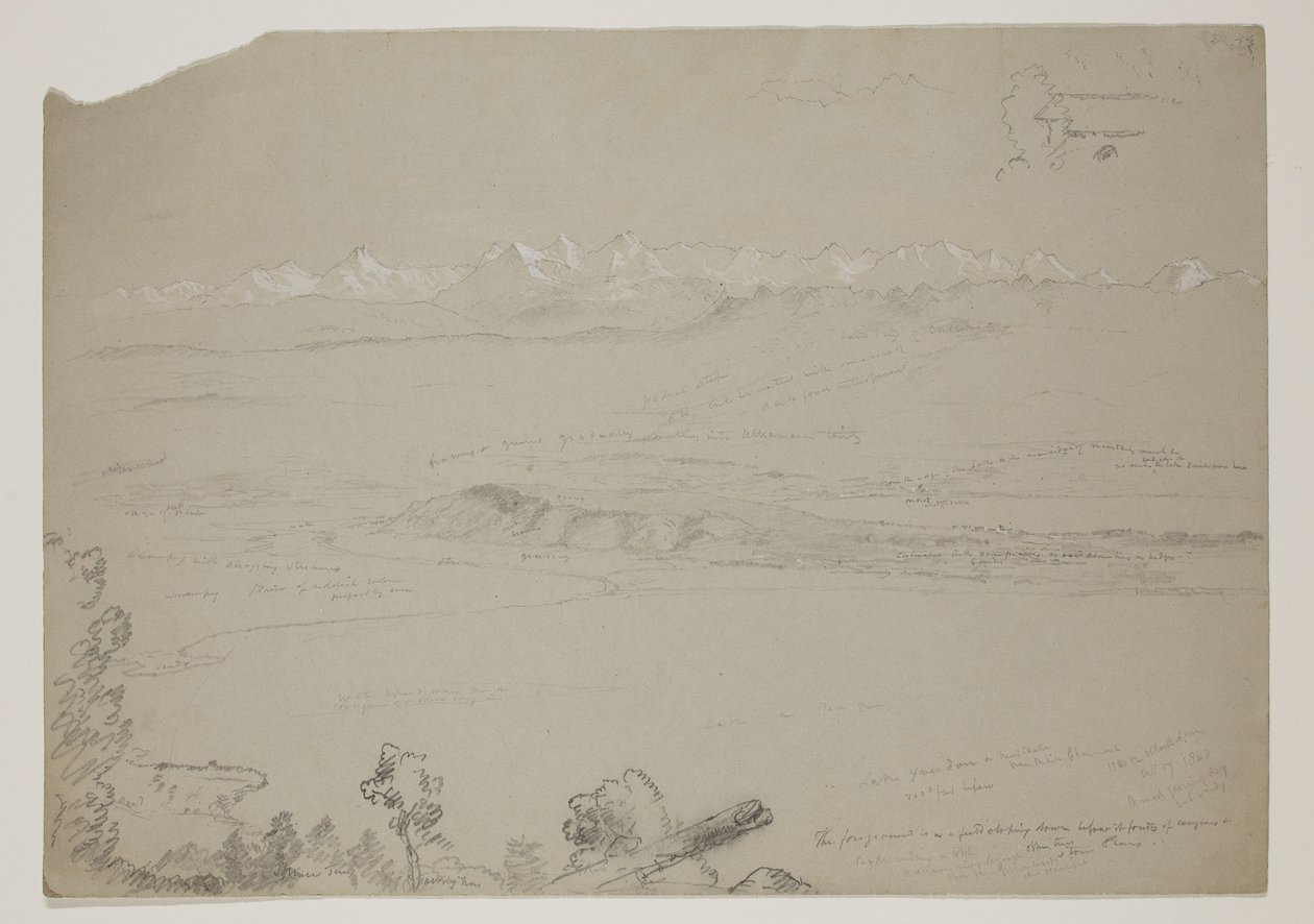 Lake Yverdon eller Neuchatel fra Hill Chaumont, Schweiz, 1841 (blyant forhøjet med gouache på papir) af Thomas Cole