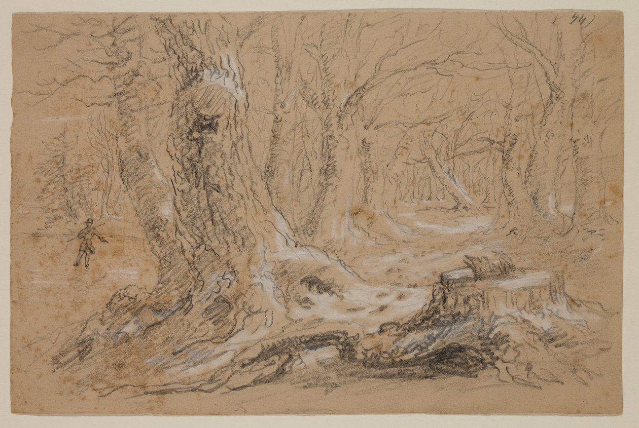 Træer om vinteren med mand stående på Frozen Creek (blyant og gouache på papir) af Thomas Cole