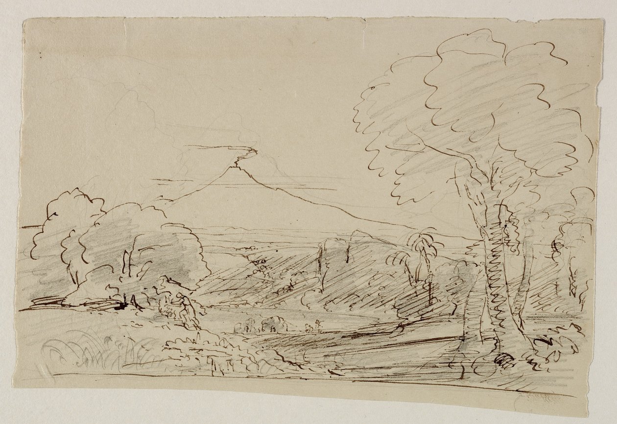 Vulkan, sø, figurjagt, 1846-47 (pen & blæk med blyant på papir) af Thomas Cole