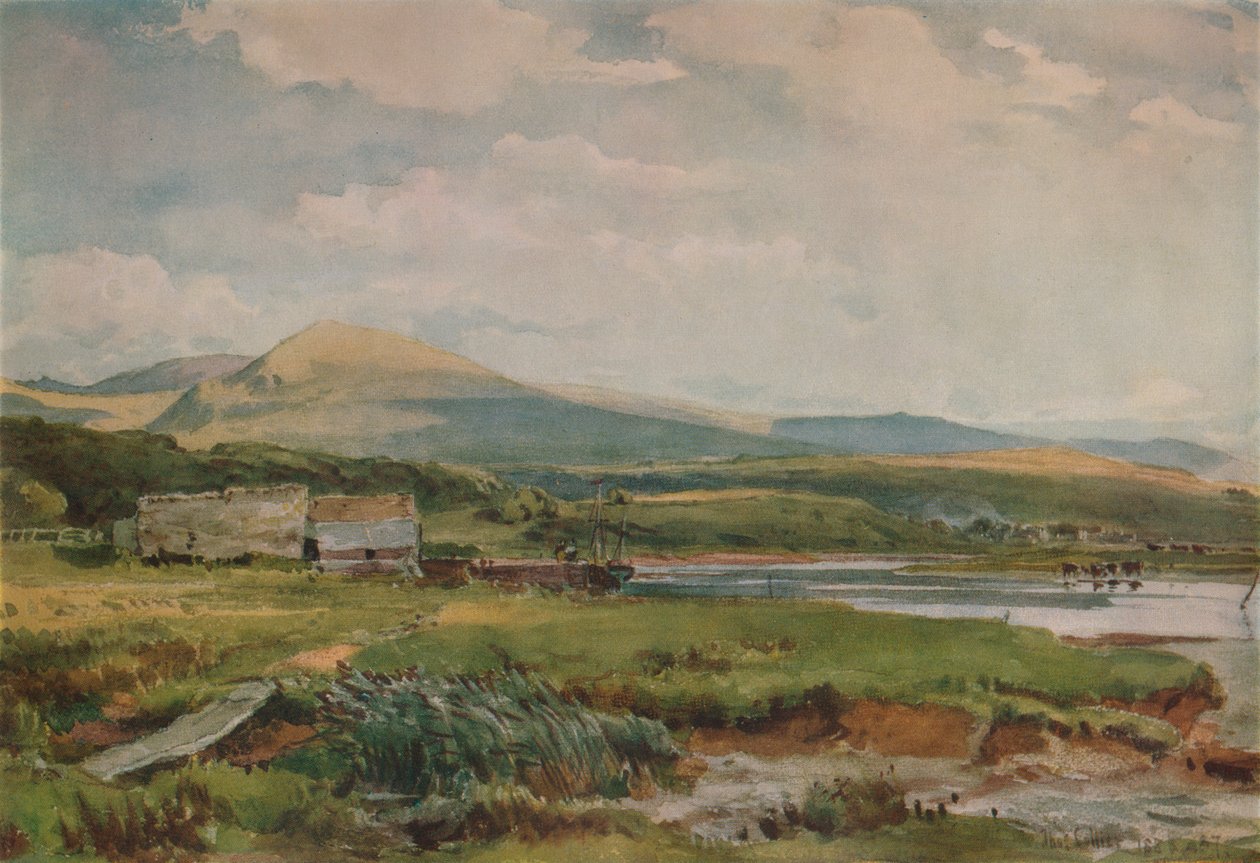 Flodscene med hytter, c1887 af Thomas Collier