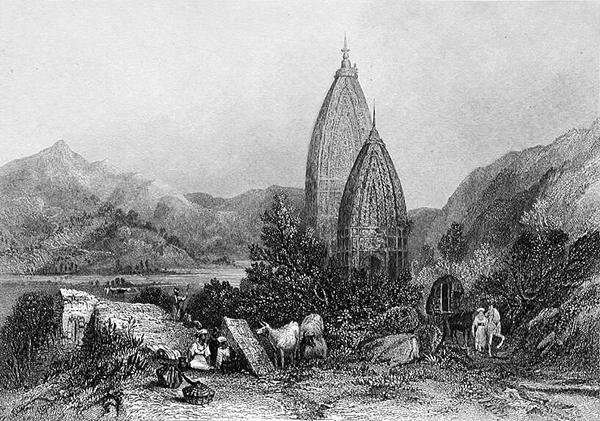 Hindu Temples of Mahadeo i Sivalic Mountains, Indien, indgraveret af E. Finden, fra 