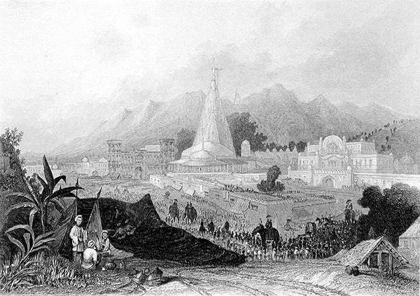 Det store tempel, Hurdwar, med procession af hinduistiske pilgrimme, indgraveret af W. Finden, fra 