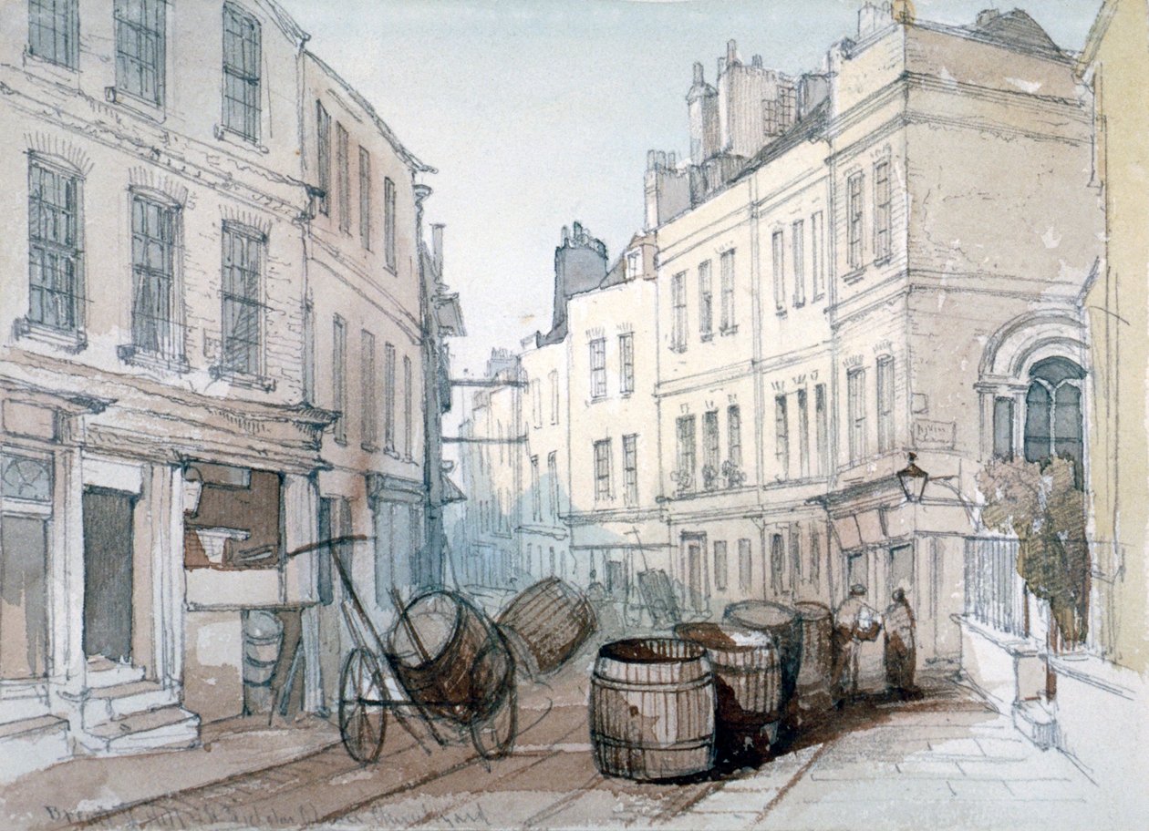 Bread Street Hill og St Nicholas Olave Churchyard, City of London, c1850 af Thomas Colman Dibdin