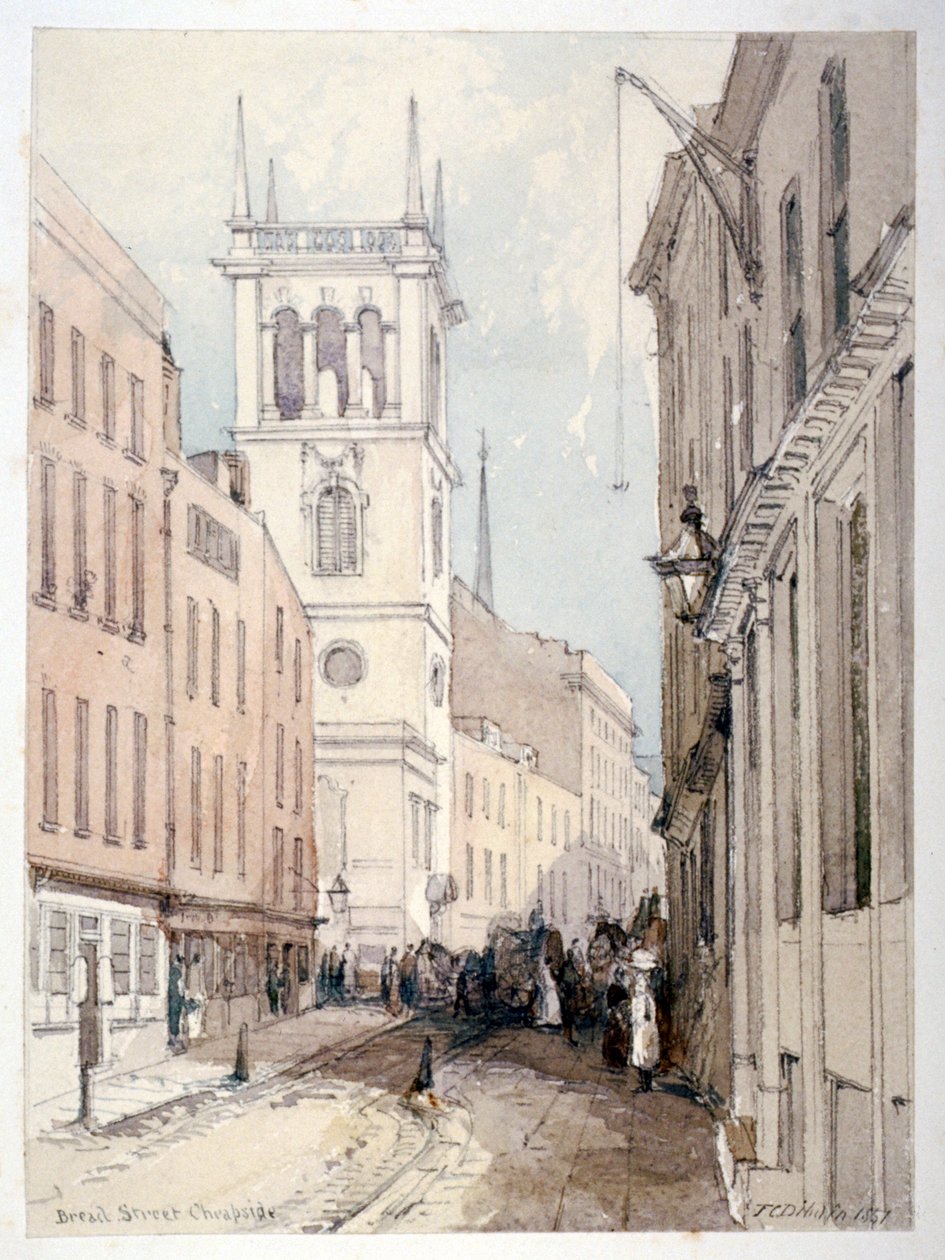 Udsigt til All Hallows Church, Buildings and Figures på Bread Street, City of London, 1851 af Thomas Colman Dibdin