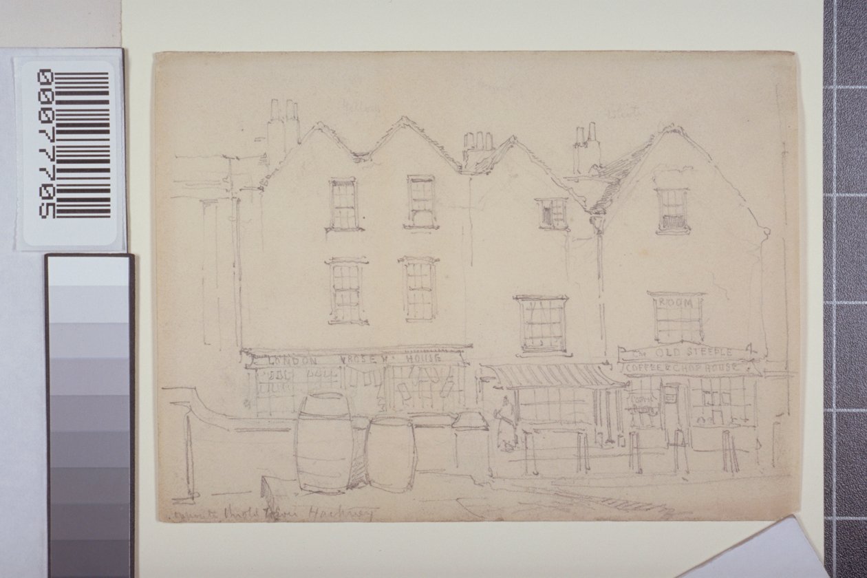 Udsigt over bygninger i Church Street, Hackney, ca. 1835 af Thomas Colman Dibdin