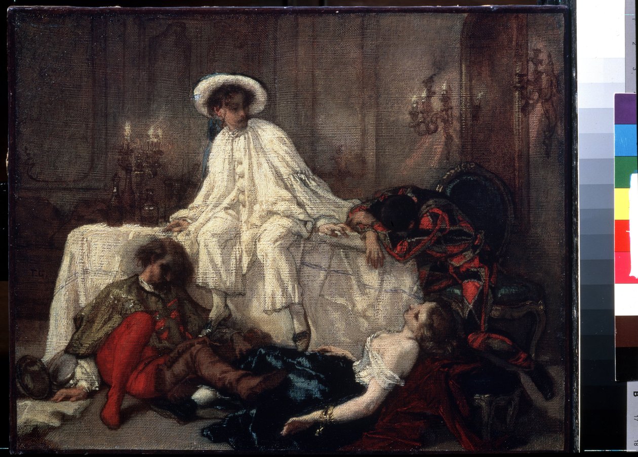 ""Efter maskebal"" (Efter maskeraden) Afslutningen på festen faldt fire forklædte karakterer sammen eller strakte sig ud i slutningen af ​​en livlig aften. Maleri af Thomas Couture (1815-1879) omkring 1850 Pushkin Museum, Moskva af Thomas Couture