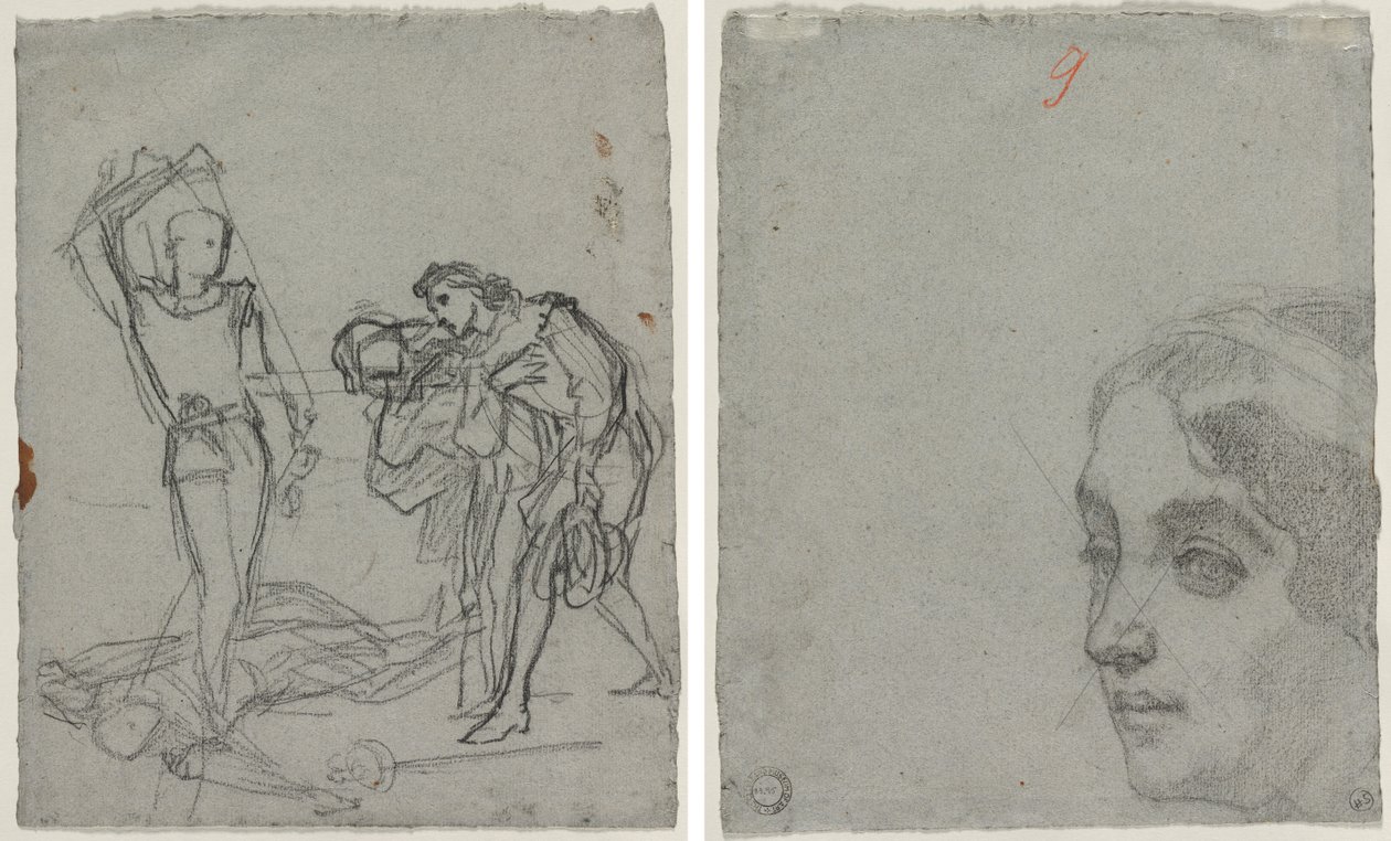 Duel efter maskebolden (recto); Hoved af en kvinde (verso) af Thomas Couture