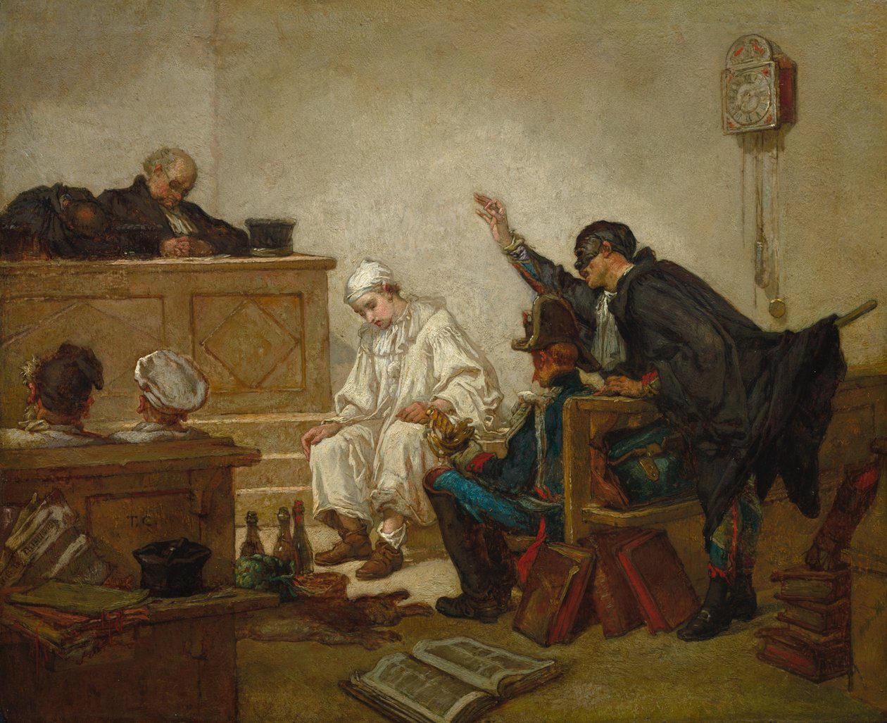 Pierrot in Criminal Court, ca. 1864-70 (olie på træpanel) af Thomas Couture