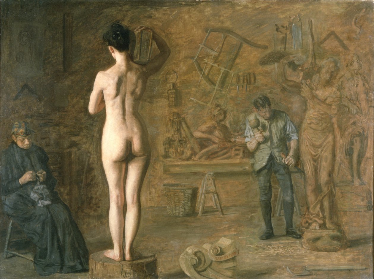 William Rush (1756-1833) udskærer sin allegoriske figur af Schuylkill-floden af Thomas Cowperthwait Eakins